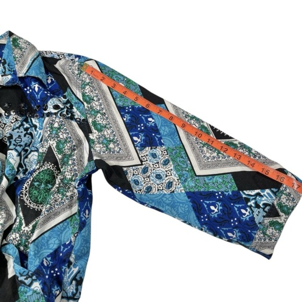 Choices‎ L Blue Patchwork Button Front Jacket Sequin Embellished Boho Eclectic - Picture 5 of 8